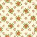 Seamless pattern of abstract flowers with orange, light green, carrot petals. White stripes, black dots, light background Royalty Free Stock Photo