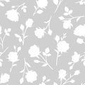 Seamless pattern with abstract garden rose, stem, bud and leaf silhouette. Gray background with blossoming flower. Royalty Free Stock Photo