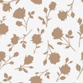 Seamless pattern with abstract garden rose, stem, bud and leaf silhouette. Gray background with blossoming flower.
