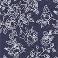 Seamless pattern with abstract garden roses, with buds and leaves silhouette. Black background with blossoming outline flowers.