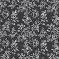 Seamless pattern with abstract garden roses, with buds and leaves silhouette. Black background with blossoming outline flowers.