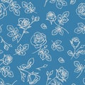 Seamless pattern with abstract garden roses, with stems, buds and leaves silhouette. Background with blossoming outline flowers.