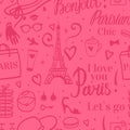 Seamless pattern Abstract girly design. Eiffel Tower with sketch fashion illustrations. Vector Pink background. I love you Paris