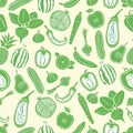 Seamless pattern with abstract green vegetables and fruits, on a light yellow background for vegetable shop Royalty Free Stock Photo