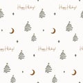 Seamless pattern with abstract hand drawn Christmas trees, moon, stars and text. Royalty Free Stock Photo