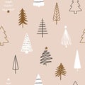 Seamless pattern with abstract hand drawn Christmas trees in scandinavian style.