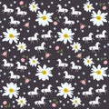 Seamless pattern with abstract horses and little roses, daisies and forget me not flowers