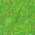 Seamless pattern with abstract linear leaves in shades of green.