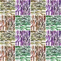Seamless pattern with abstract lines of green and violet colors drawn on a white background, abstract seamless illustracion