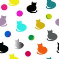 Seamless pattern abstract multicolored playing cats, balls on white background. Cute kittens repetitive kids motif, vector eps 10 Royalty Free Stock Photo