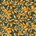 Seamless pattern abstract organic design of green and orange leaves on dark green background. Royalty Free Stock Photo