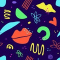 Seamless pattern with abstract organic shapes, hearts, lips. Colorful vector elements in doodle style for background, wallpaper, t Royalty Free Stock Photo