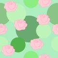 Seamless pattern abstract pink roses, green circles shape. Blooming waterlily repeat print in pastel colors, vector eps 10 Royalty Free Stock Photo