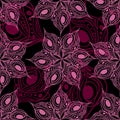 seamless pattern of abstract purple-pink graphic elements on a black background