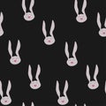 Seamless pattern abstract rabbits funny muzzles on black background. Cute bunnies heads repetitive kids print, vector eps 10