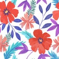 Seamless pattern with abstract red colorful flowers and various botanical elements. Hand drawn vector illustration Royalty Free Stock Photo