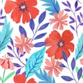 Seamless pattern with abstract red colorful flowers and various botanical elements. Hand drawn vector illustration Royalty Free Stock Photo