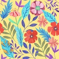 Seamless pattern with abstract red colorful flowers and various botanical elements. Hand drawn vector illustration Royalty Free Stock Photo