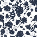 Seamless Pattern Abstract Round Bouquet Hydrangea Flowers, Leaves, Stems Silhouette Design