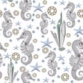 Seamless pattern of abstract sea horses, starfish, seaweed, disks and nails. Fantastic mechanical metal sea creatures. Steampunk Royalty Free Stock Photo