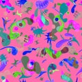 Seamless pattern of abstract shapes symbolizing micro world of bacteria and microbes, anstract pink background, raster