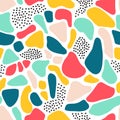 Seamless pattern abstract shapes Terrazzo mosaic style. Repeating collage background pink blue yellow teal fragments. Royalty Free Stock Photo