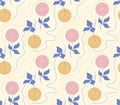 Seamless pattern with abstract spiral rose flowers, leaves and lines. Blue rose yellow minimal hand drawn flowers cute pastel Royalty Free Stock Photo