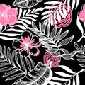Seamless pattern of abstract tropical elements hand-drawn in sketch style. Monochrome with red spots. Bright strelitia Royalty Free Stock Photo