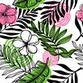 Seamless pattern of abstract tropical elements hand-drawn in sketch style. Monochrome with spots. Bright strelitia Royalty Free Stock Photo