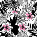 Seamless pattern of abstract tropical elements hand-drawn in sketch style. Monochrome with spots. Bright strelitia Royalty Free Stock Photo