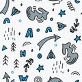 Seamless pattern of abstract vector elements in a simple doodle style. Arrows, letters, figures, insects and natural elements. For