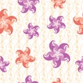 Seamless pattern with abstract violet, red swirling flowers on the background of a mesh ornament and wawy lines. Royalty Free Stock Photo