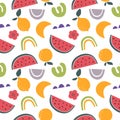 Seamless pattern with abstract watermelons and deco elements. Print for fabric, children`s clothing, packaging and decor. Vector i Royalty Free Stock Photo