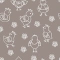 Seamless pattern with abstract white contours of the chickens, birds, flowers, leaves on a beige background Royalty Free Stock Photo