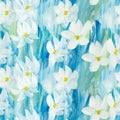 Seamless pattern of abstract white flowers on blue, original hand drawn, impressionism style, color texture, brush strokes of