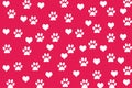 seamless pattern abstraction white traces paws cat and love on pink background