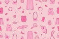 Seamless pattern of accessories, cosmetics and clothes for pink dolls. Vector illustration Royalty Free Stock Photo