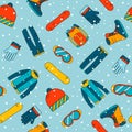 Seamless pattern with accessories for snowboarding. Extreme winter sports icons.