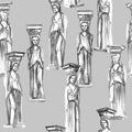 Seamless Pattern Achromatic Antique Caryatids Wet Watercolor Shades of Gray Royalty Free Stock Photo