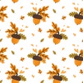 Seamless pattern Acorn, autumn. Colorful autumn leaves. Clean, bright design. Vector Royalty Free Stock Photo