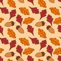 Seamless pattern with and acorns, autumn Oak and Hawthorn leaves. Vector illustration Royalty Free Stock Photo