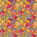 Seamless pattern with acorns and autumn oak leaves in Orange, Beige, Brown and Yellow. Perfect for wallpaper, gift paper Royalty Free Stock Photo