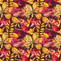 Seamless pattern with acorns and autumn oak leaves in Orange, Beige, Brown and Yellow. Perfect for wallpaper, gift paper Royalty Free Stock Photo