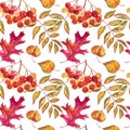 Seamless pattern with acorns and autumn oak leaves in Orange, Beige, Brown and Yellow. Perfect for wallpaper, gift paper Royalty Free Stock Photo