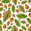 Seamless pattern with acorns and autumn oak leaves. Royalty Free Stock Photo