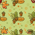 Seamless pattern with acorns, berries and leaves on light green. Royalty Free Stock Photo