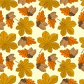 Seamless pattern with acorns and oak, chestnut autumn leaves.