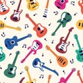 Seamless pattern of acoustic and electric guitars on light background. String musical instruments on cute flat cartoon Royalty Free Stock Photo