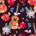 Seamless pattern with acoustic guitars, winged tabby cats, little jumping foxes, blue butterflies, hearts and red poppies
