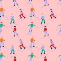 Seamless pattern with active skiing people wearing winter clothes